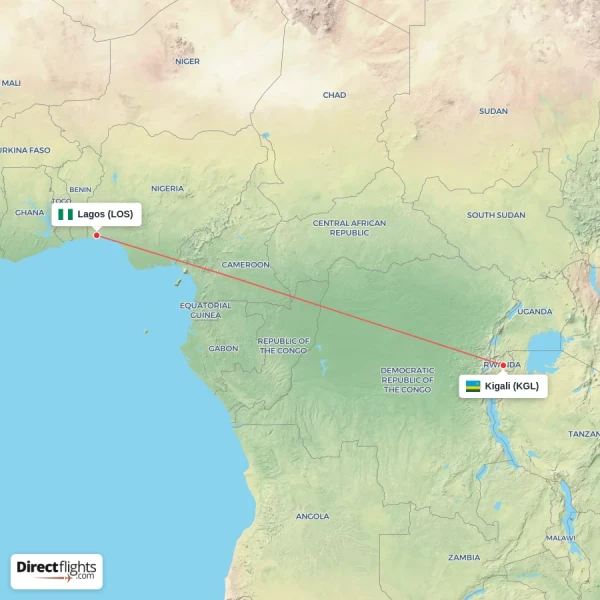 Lagos - Kigali direct flight map