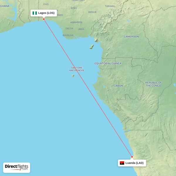 Lagos - Luanda direct flight map