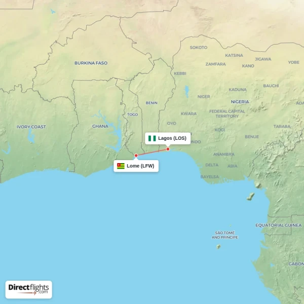 Lagos - Lome direct flight map