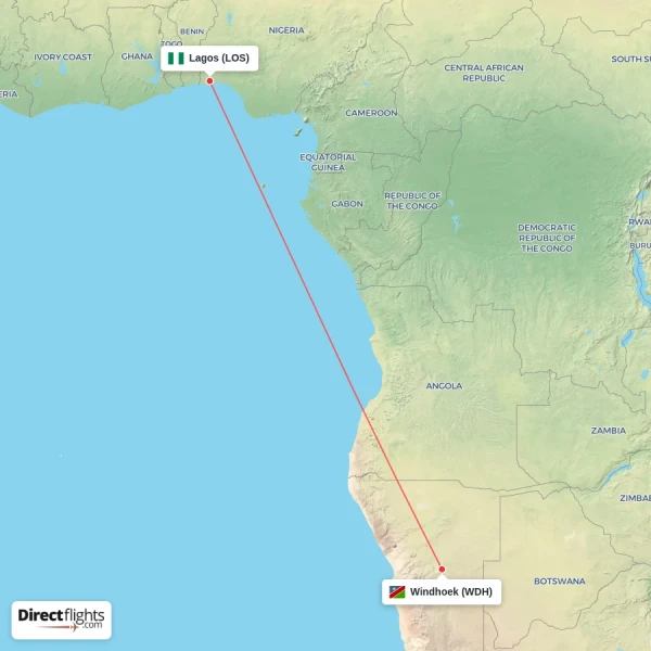Lagos - Windhoek direct flight map