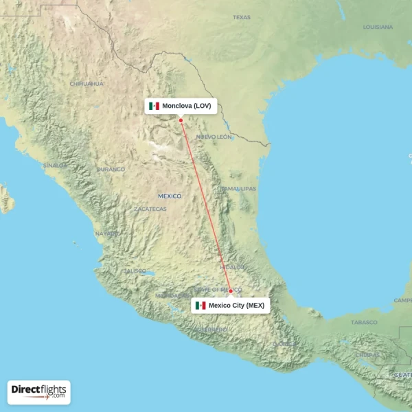 Monclova - Mexico City direct flight map