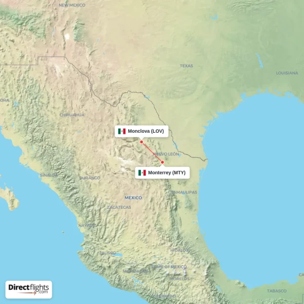 Monclova - Monterrey direct flight map