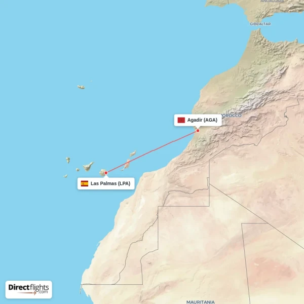 Las Palmas - Agadir direct flight map