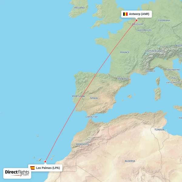 Las Palmas - Antwerp direct flight map