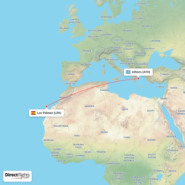 Las Palmas - Athens direct flight map