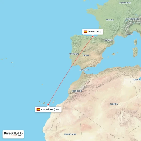 Las Palmas - Bilbao direct flight map
