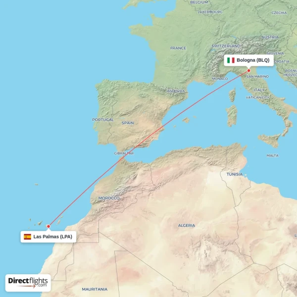 Las Palmas - Bologna direct flight map