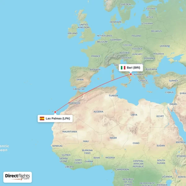 Las Palmas - Bari direct flight map