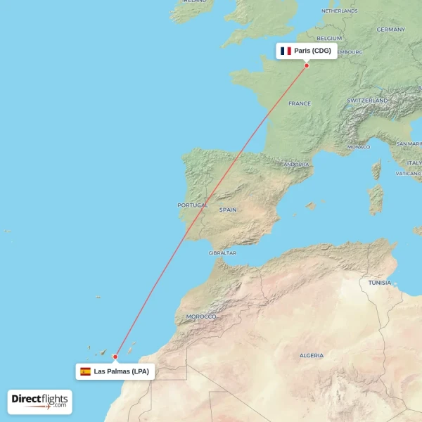 Las Palmas - Paris direct flight map