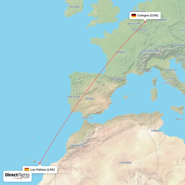 Las Palmas - Cologne direct flight map