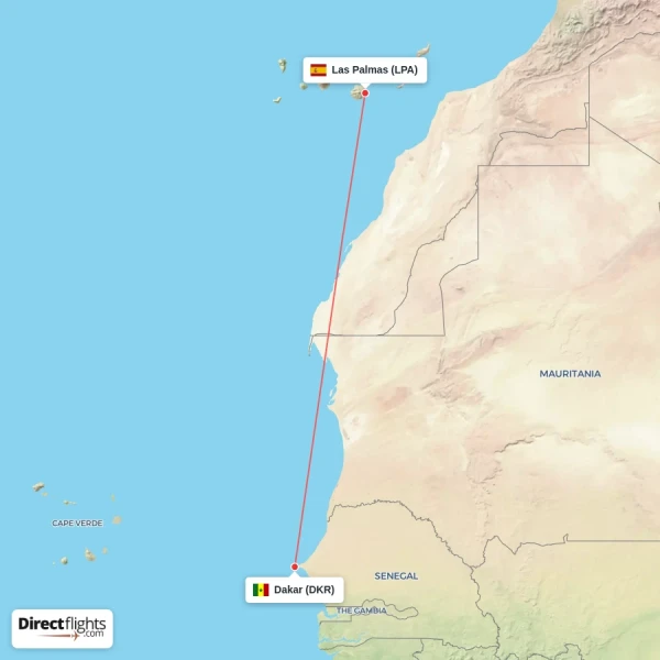 Las Palmas - Dakar direct flight map