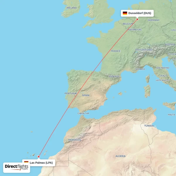 Las Palmas - Dusseldorf direct flight map