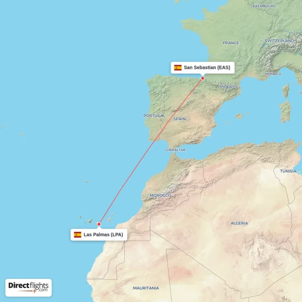 Las Palmas - San Sebastian direct flight map
