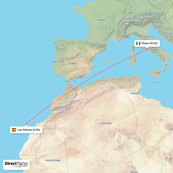 Las Palmas - Rome direct flight map