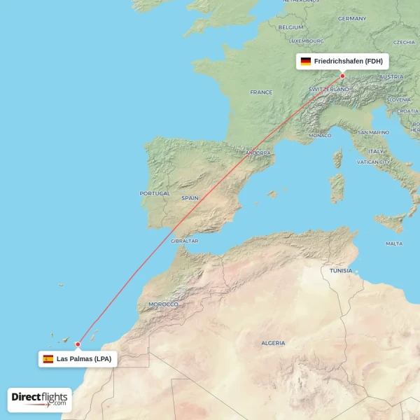 Las Palmas - Friedrichshafen direct flight map
