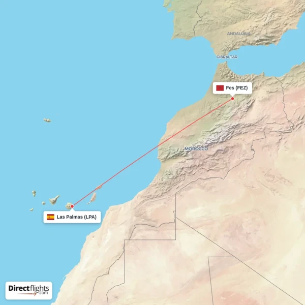 Las Palmas - Fes direct flight map