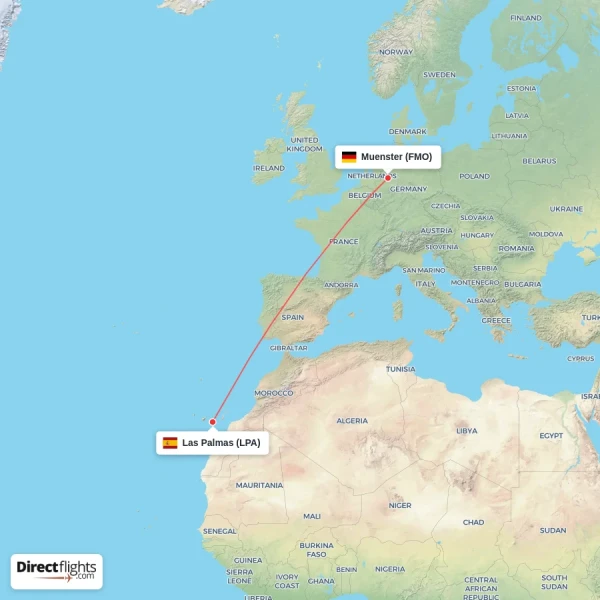 Las Palmas - Muenster direct flight map