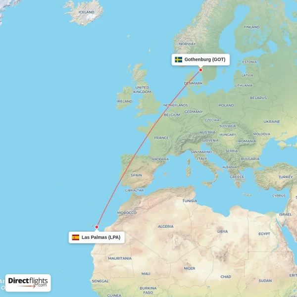 Las Palmas - Gothenburg direct flight map