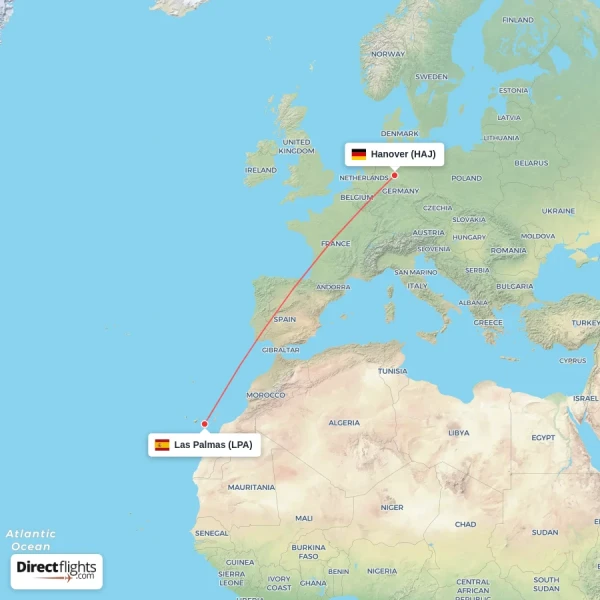 Las Palmas - Hanover direct flight map