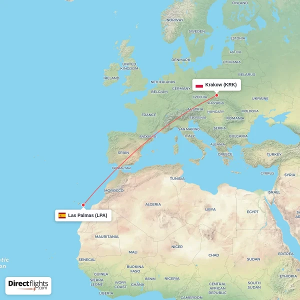 Las Palmas - Krakow direct flight map