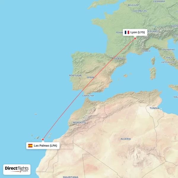 Las Palmas - Lyon direct flight map