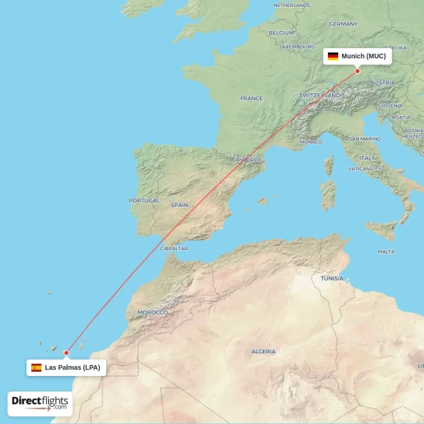 Las Palmas - Munich direct flight map