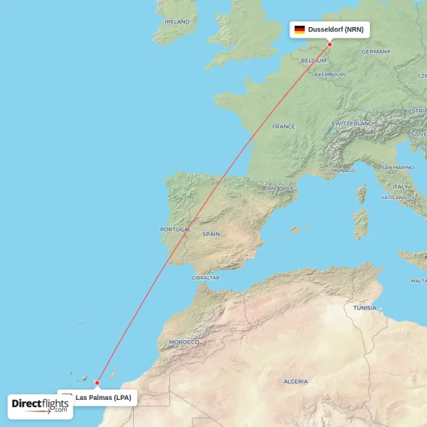 Las Palmas - Dusseldorf direct flight map