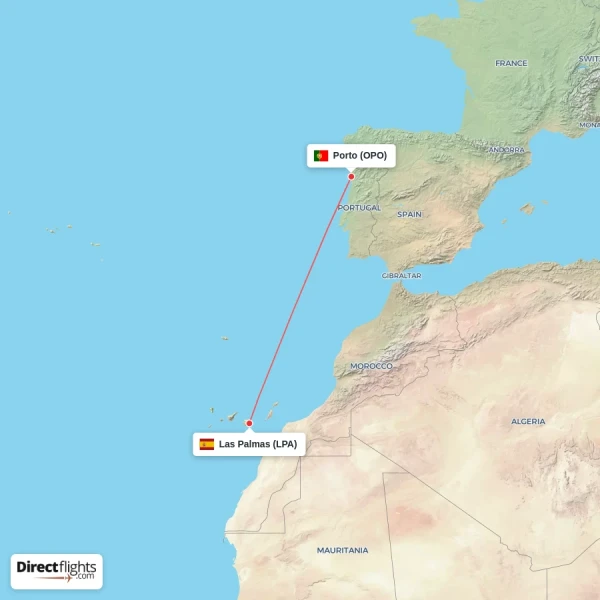 Las Palmas - Porto direct flight map