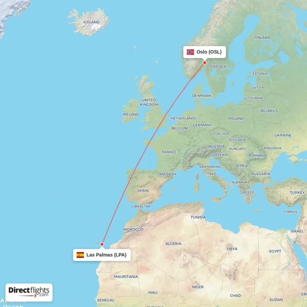Las Palmas - Oslo direct flight map