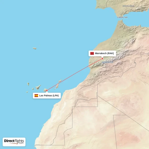 Las Palmas - Marrakech direct flight map