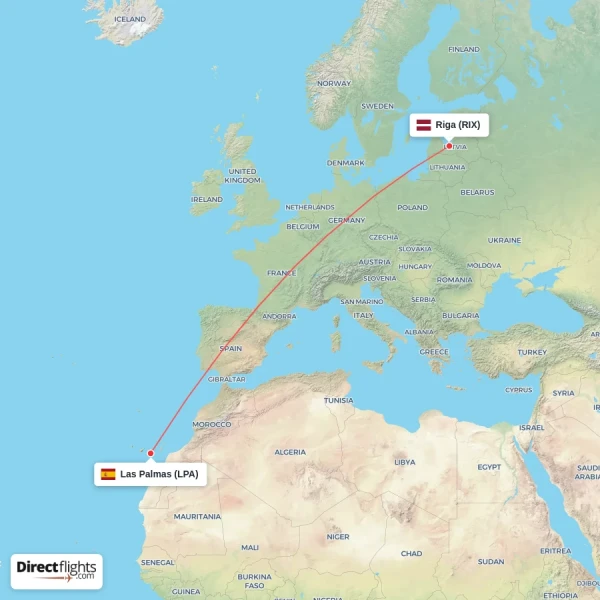 Las Palmas - Riga direct flight map