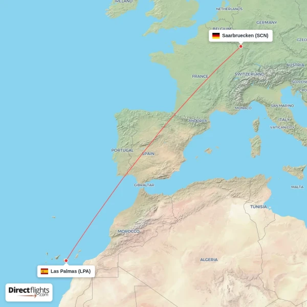 Las Palmas - Saarbruecken direct flight map
