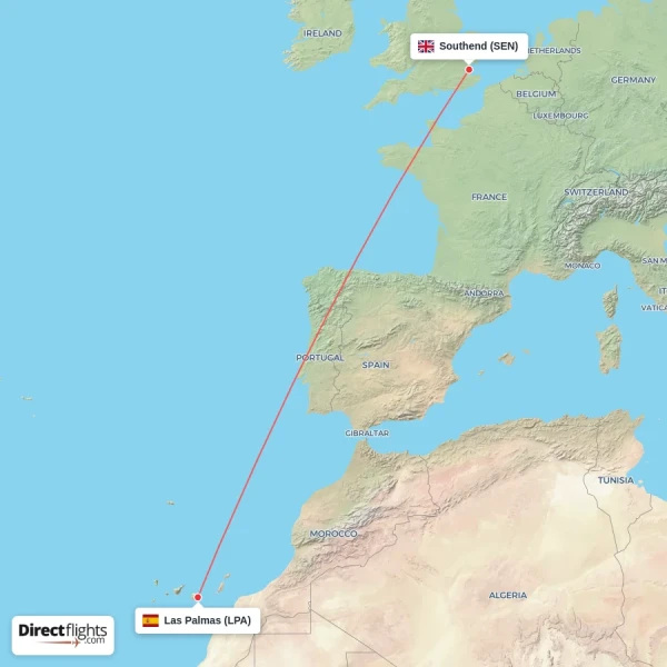 Las Palmas - Southend direct flight map