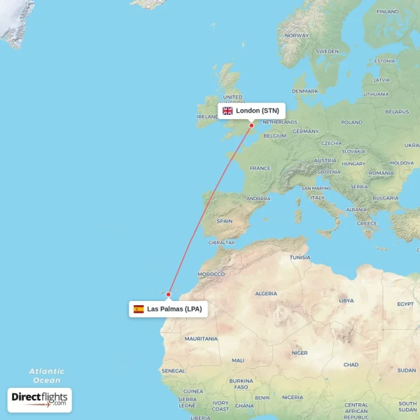 Las Palmas - London direct flight map