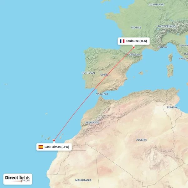 Las Palmas - Toulouse direct flight map