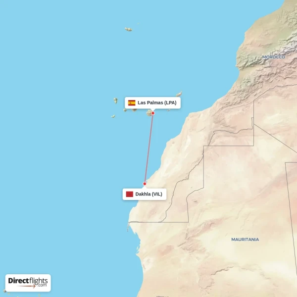 Las Palmas - Dakhla direct flight map