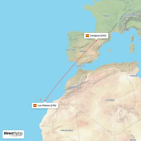 Las Palmas - Zaragoza direct flight map