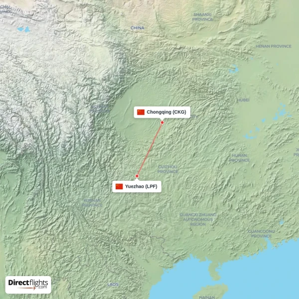 Yuezhao - Chongqing direct flight map