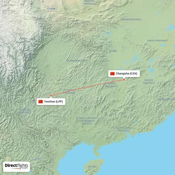 Yuezhao - Changsha direct flight map