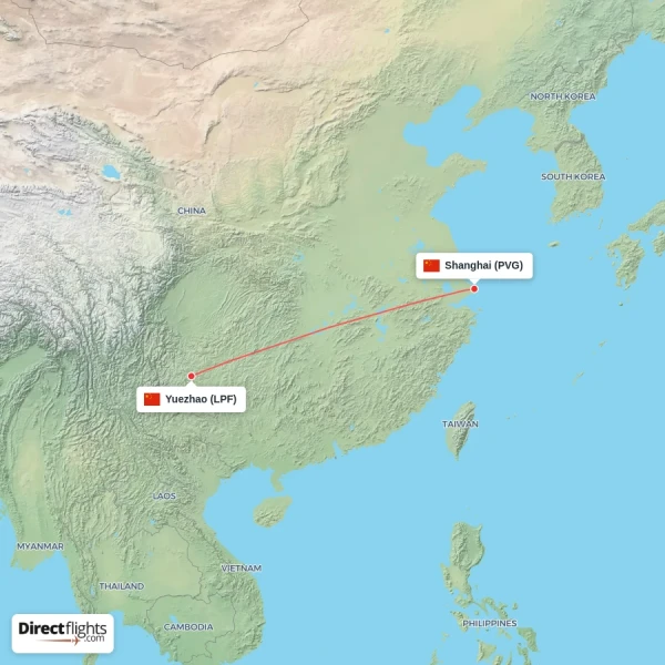 Yuezhao - Shanghai direct flight map