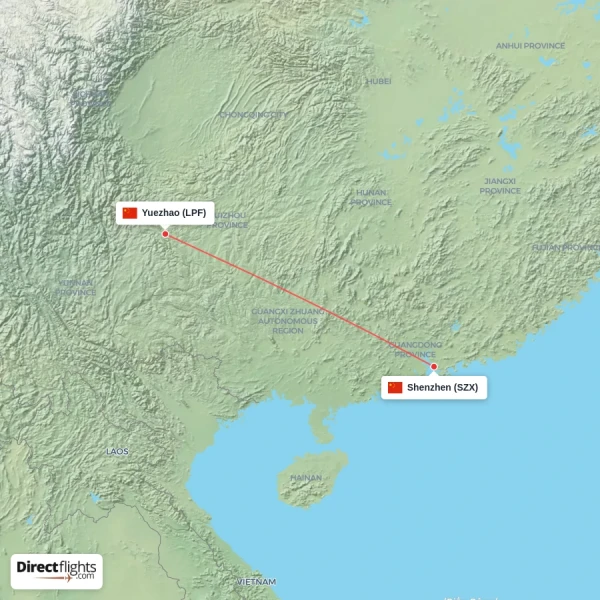 Yuezhao - Shenzhen direct flight map