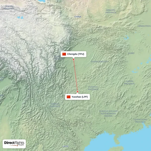 Yuezhao - Chengdu direct flight map