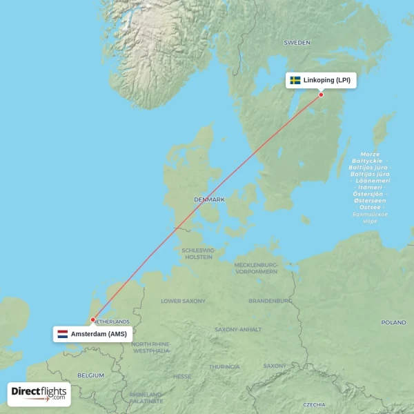 Linkoping - Amsterdam direct flight map