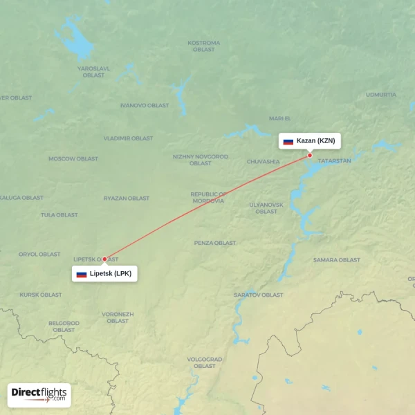 Lipetsk - Kazan direct flight map