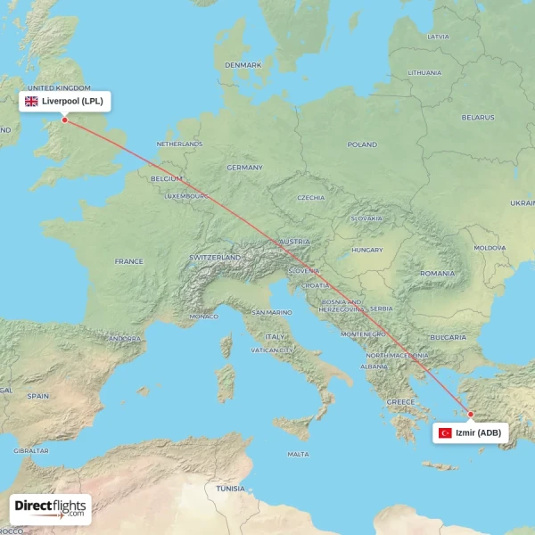 Liverpool - Izmir direct flight map