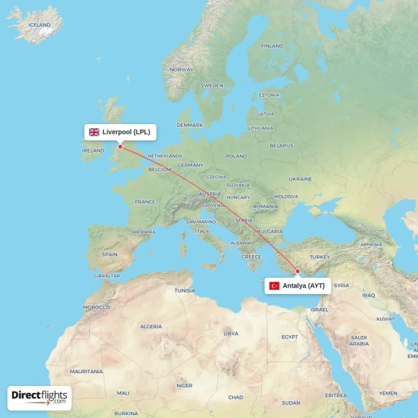 Liverpool - Antalya direct flight map