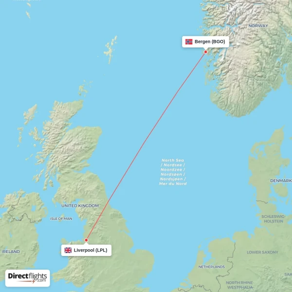 Liverpool - Bergen direct flight map