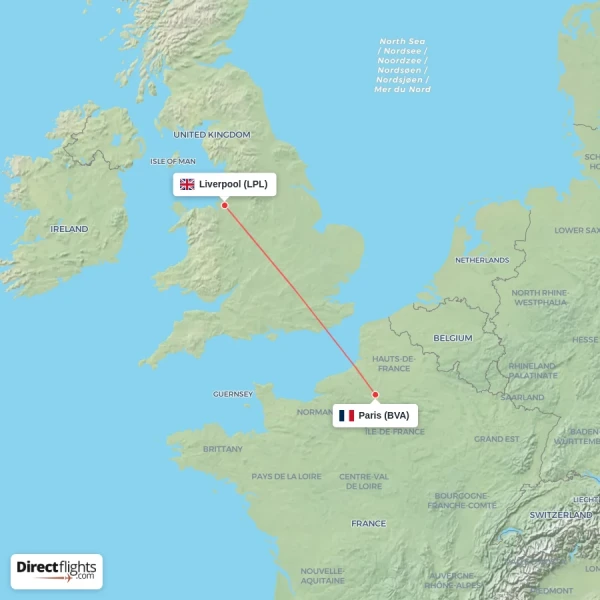 Liverpool - Paris direct flight map