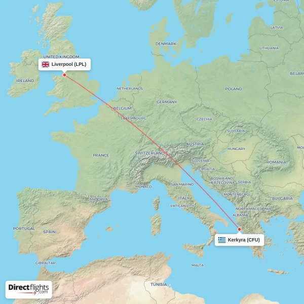Liverpool - Kerkyra direct flight map