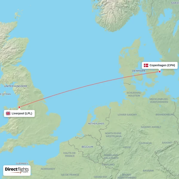 Liverpool - Copenhagen direct flight map